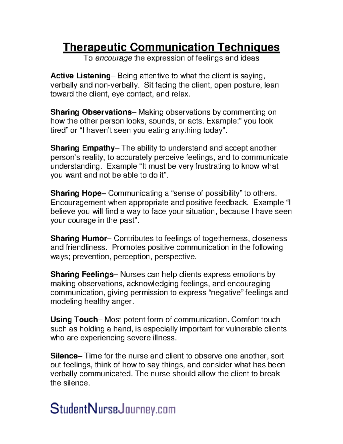 NRS225Therapeutic Communications Therapeutic Communication Techniques