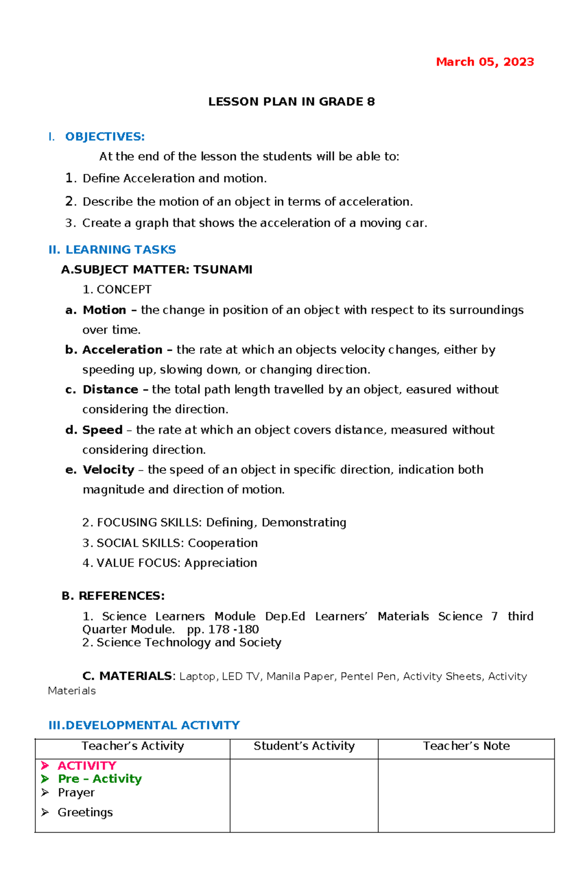 4A's Acceleration - helooooooooooo - March 05, 2023 LESSON PLAN IN ...