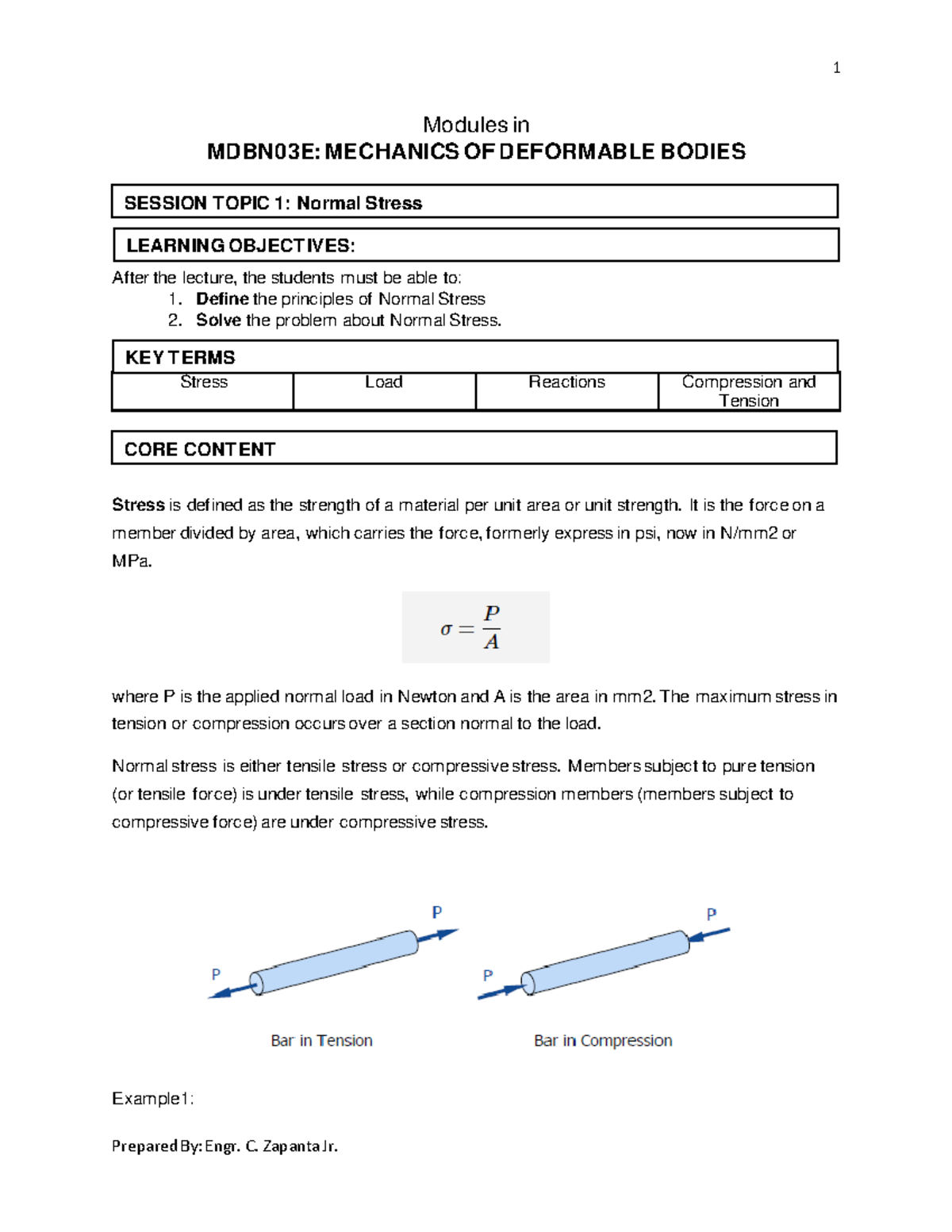 MDBN03E Module 1 - Modules in MDBN03E: MECHANICS OF DEFORMABLE BODIES ...