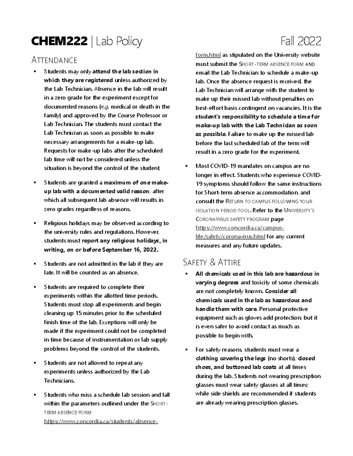 CHEM222 Lab Policy rules to follow for the labs CHEM222 Lab