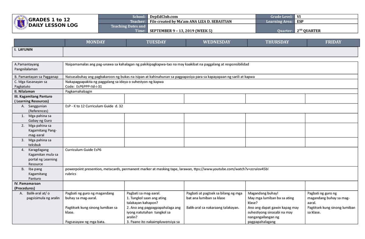 Dll Esp 6 Q2 W5 Daily Lesson Log Grades 1 To 12 Daily Lesson Log School Depedclub Grade 4323