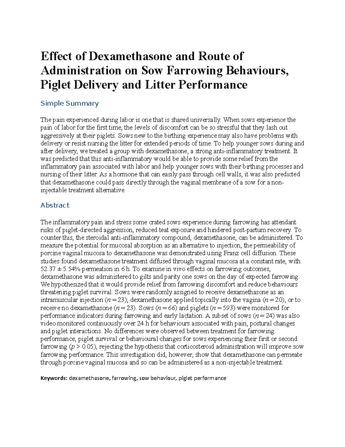 Effect of Dexamethasone and Route of Administration on Sow Farrowing ...