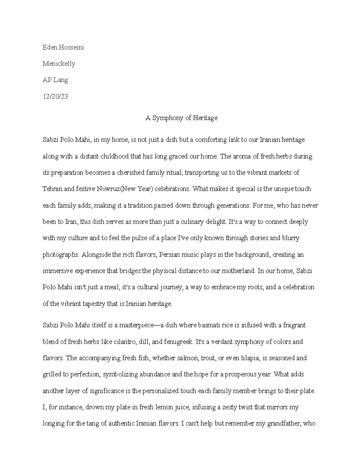 Copy of Food Narrative - Explanation - Eden Hosseini Menickelly AP Lang ...