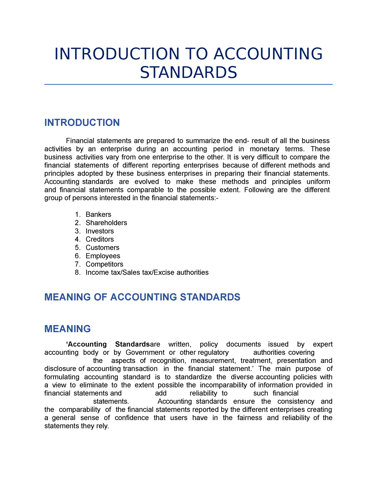 Introduction TO Accounting Standards INTRODUCTION TO ACCOUNTING