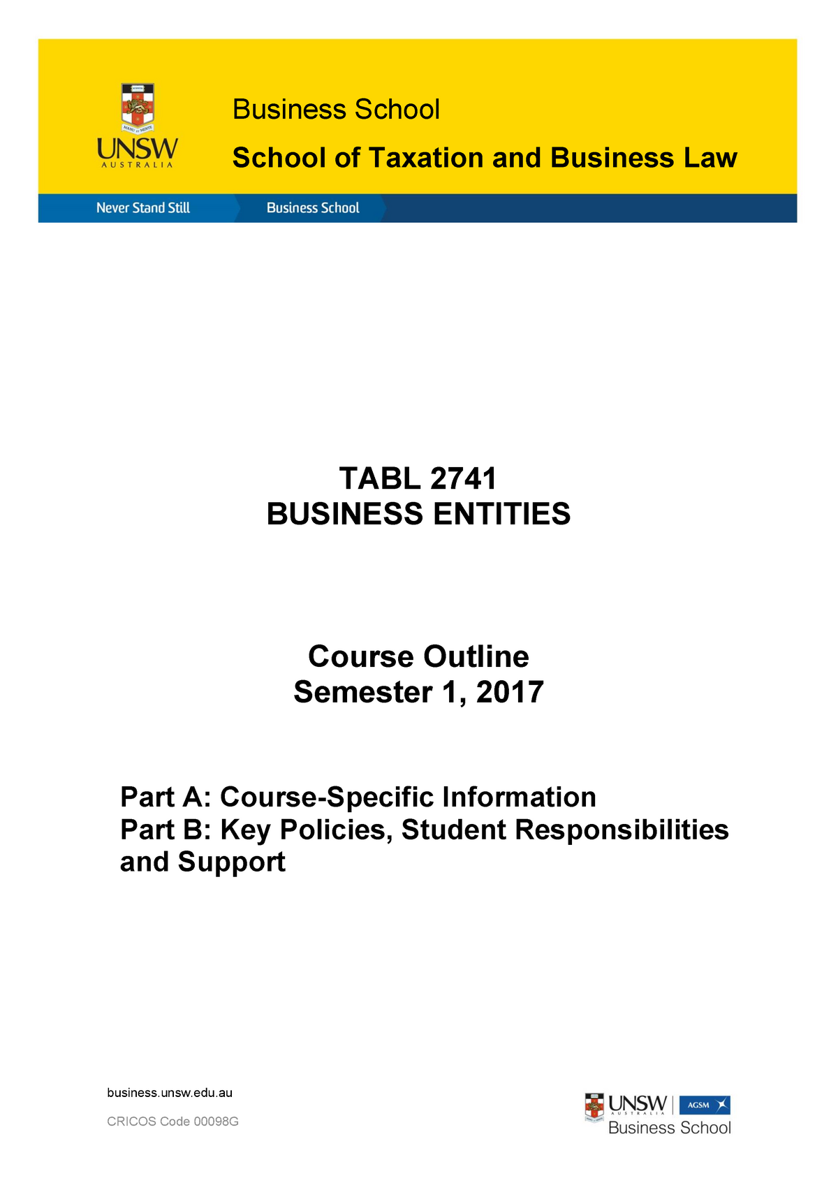 TABL2741 Course Outline Part A And B (s 1 2017 ) AH - Business School ...