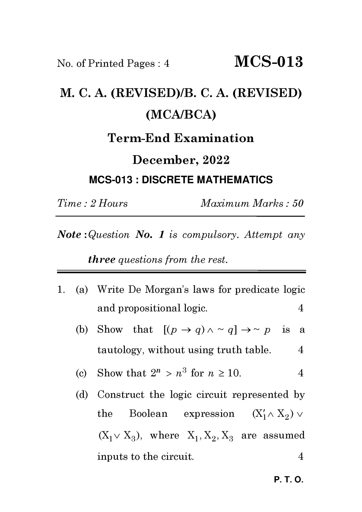 MCS-013 - Hi Akbsbe Jsnensns - P. T. O. No. Of Printed Pages : 4 MCS- M ...