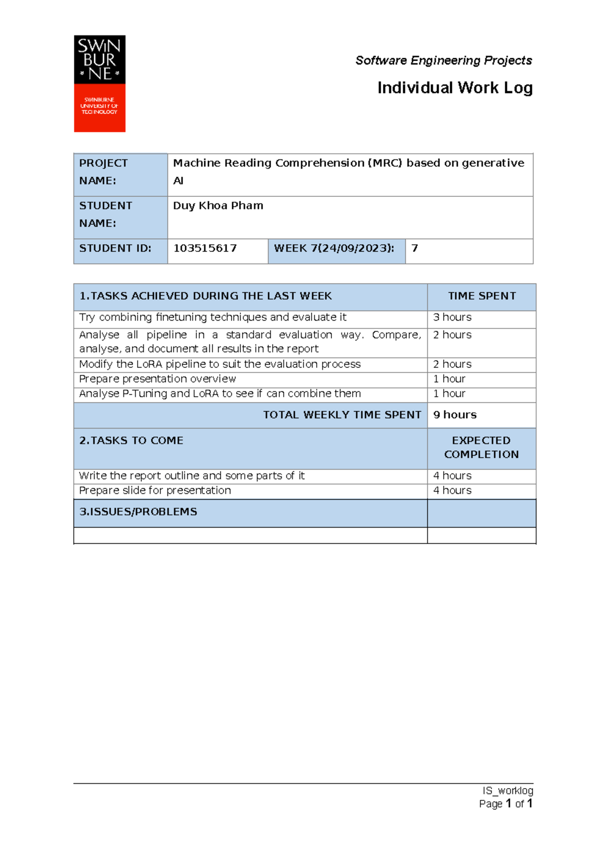 IS Worklog Week 7 - Software Engineering Projects Individual Work Log ...