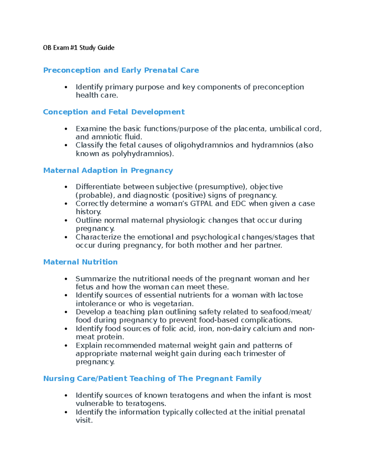 OB Exam #1 Study Guide - UTA - OB Exam #1 Study Guide Preconception And ...