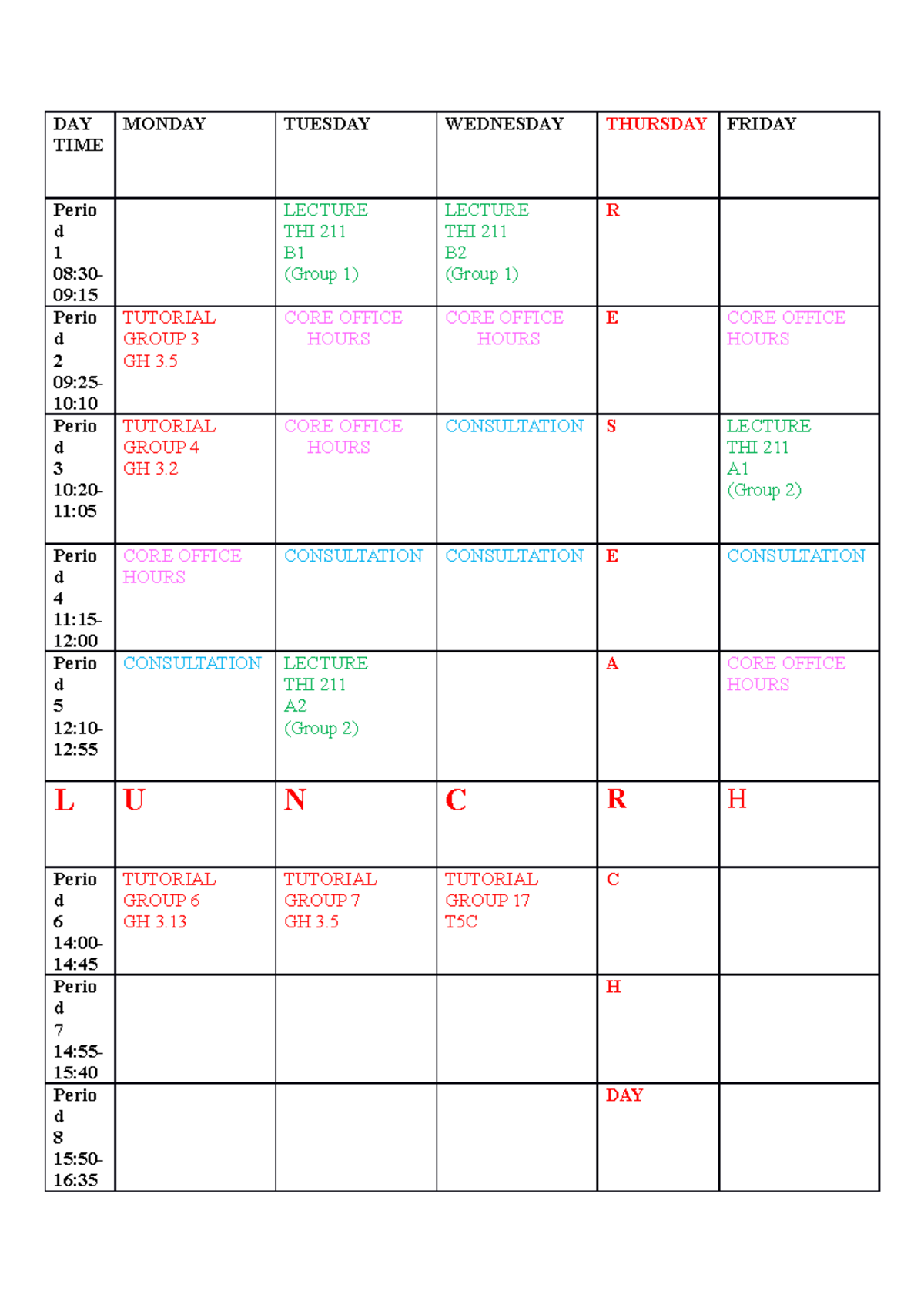 Chipo Semester 1 Schedule - DAY TIME MONDAY TUESDAY WEDNESDAY THURSDAY ...