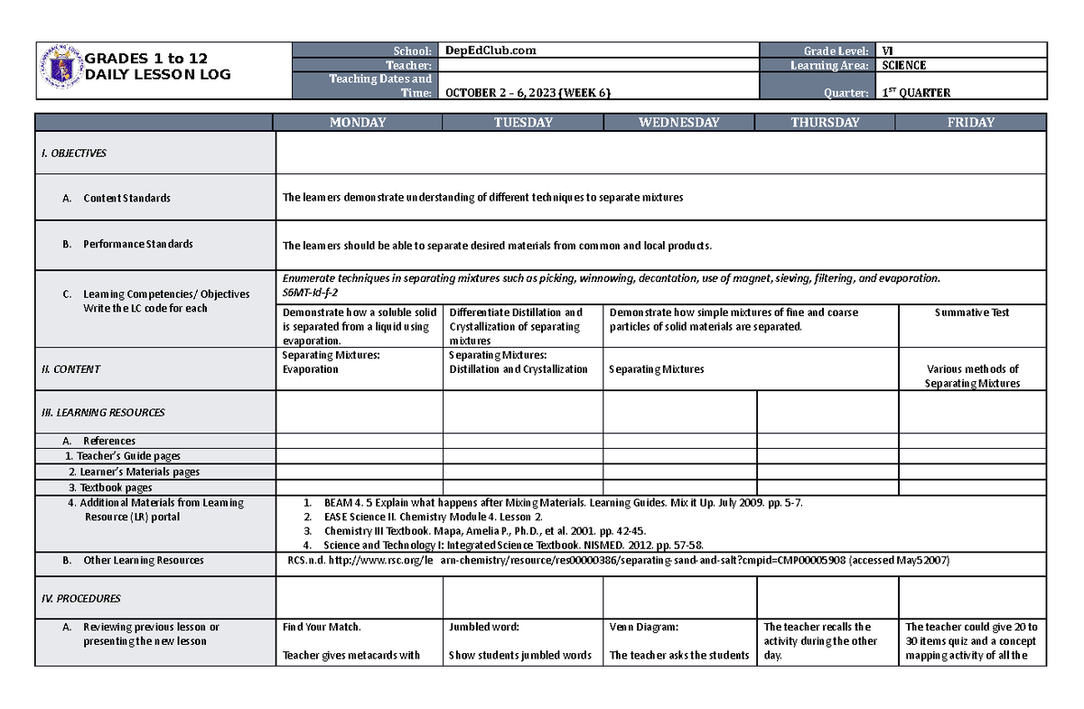 DLL Science 6 Q1 W6 - DLL - GRADES 1 to 12 DAILY LESSON LOG School ...
