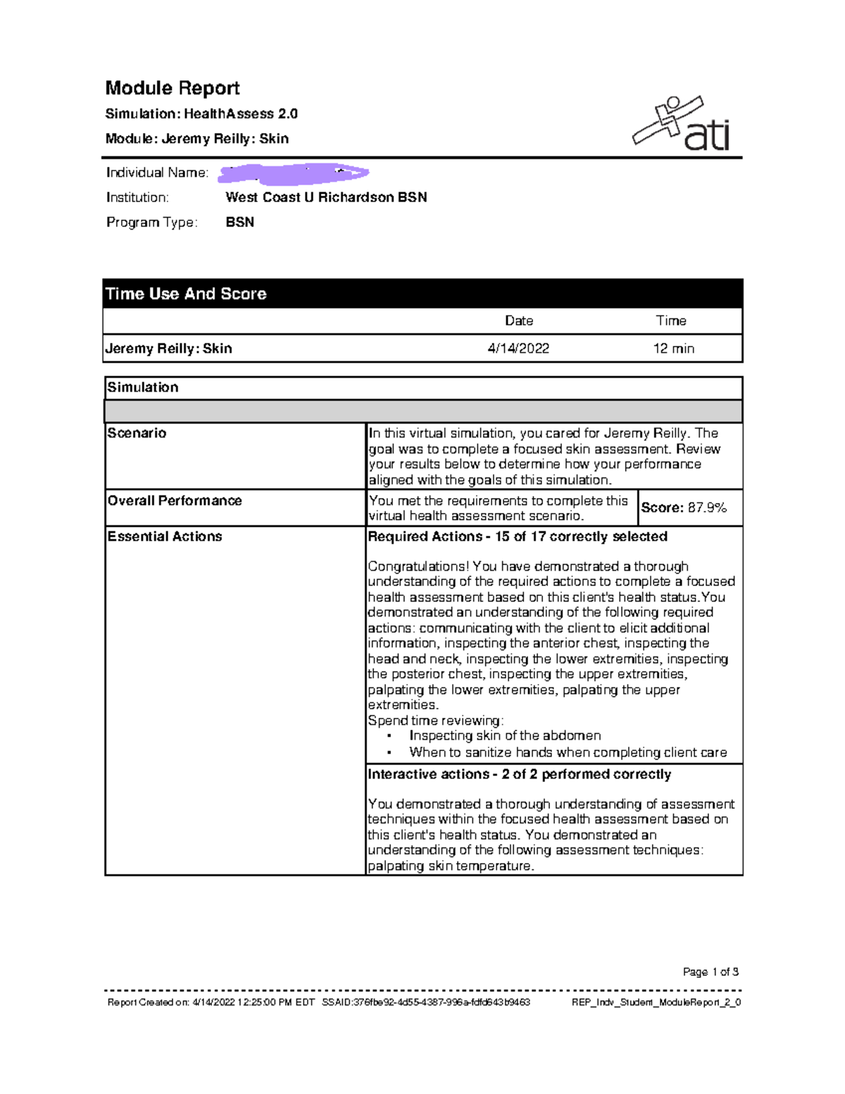 Jeremy Reilly Skin - Nurs 190 HealthAssess 2.0 - Module Report ...