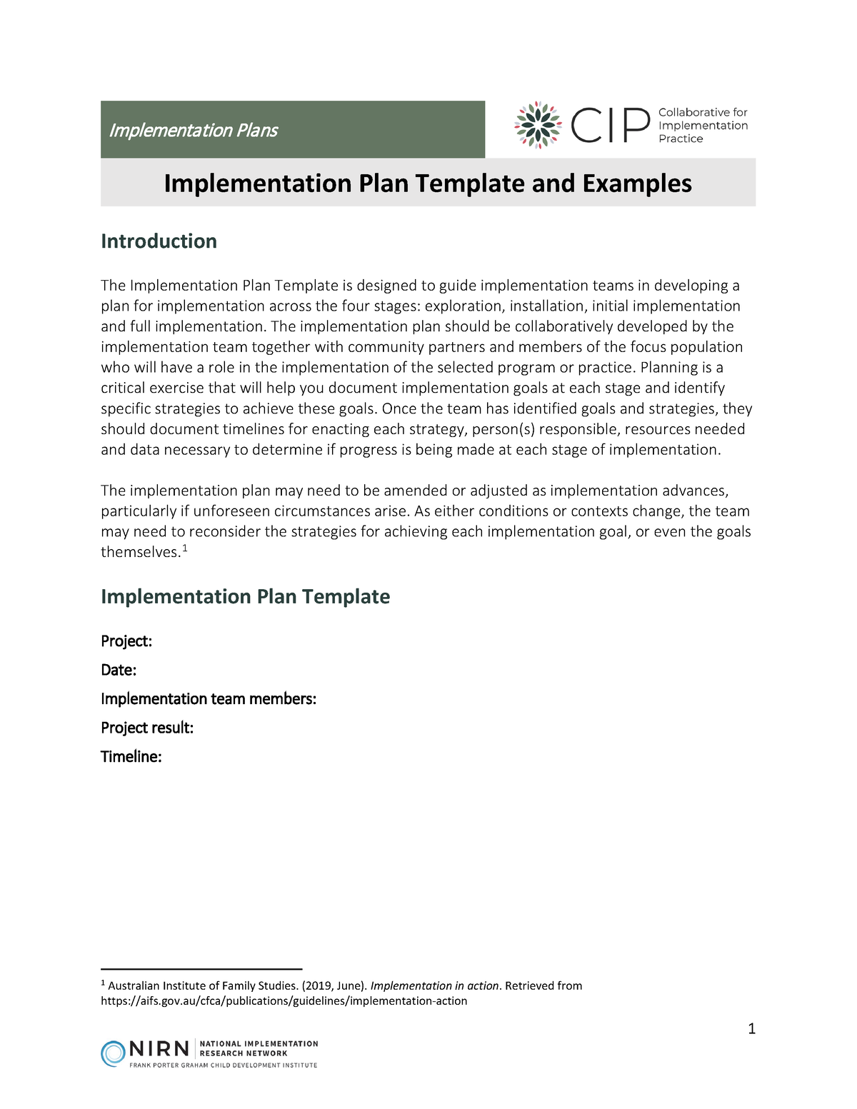 NIRN CIP Implementation Plan Template and Examples fillable v1 ...