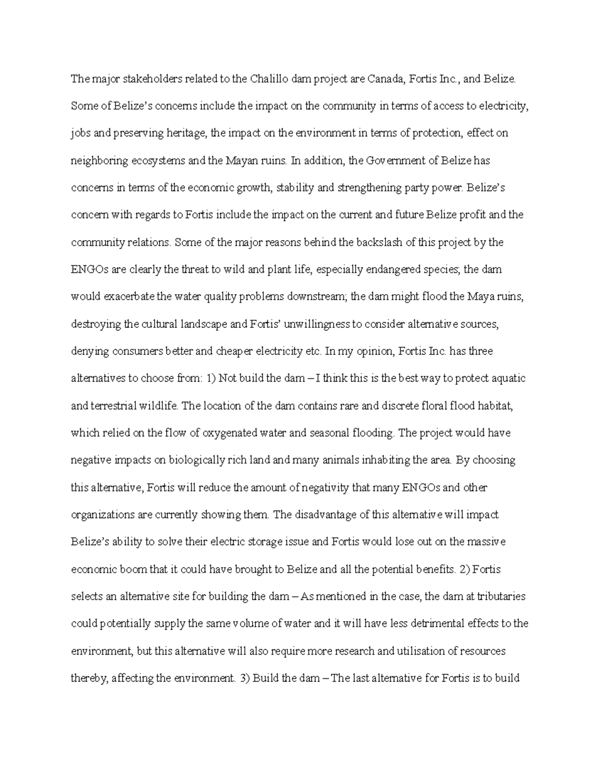 Weekly memo - Chalillo Dam - The major stakeholders related to the ...
