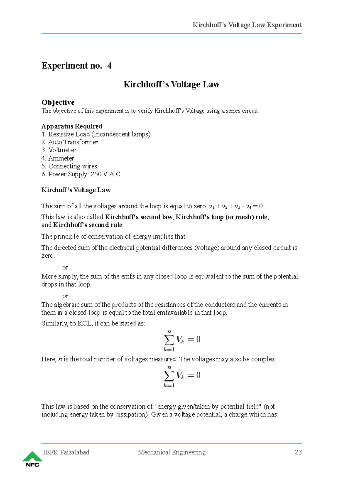Exp 5 kirchoffs voltage law elec lab Experiment no. 4 Kirchhoff’s