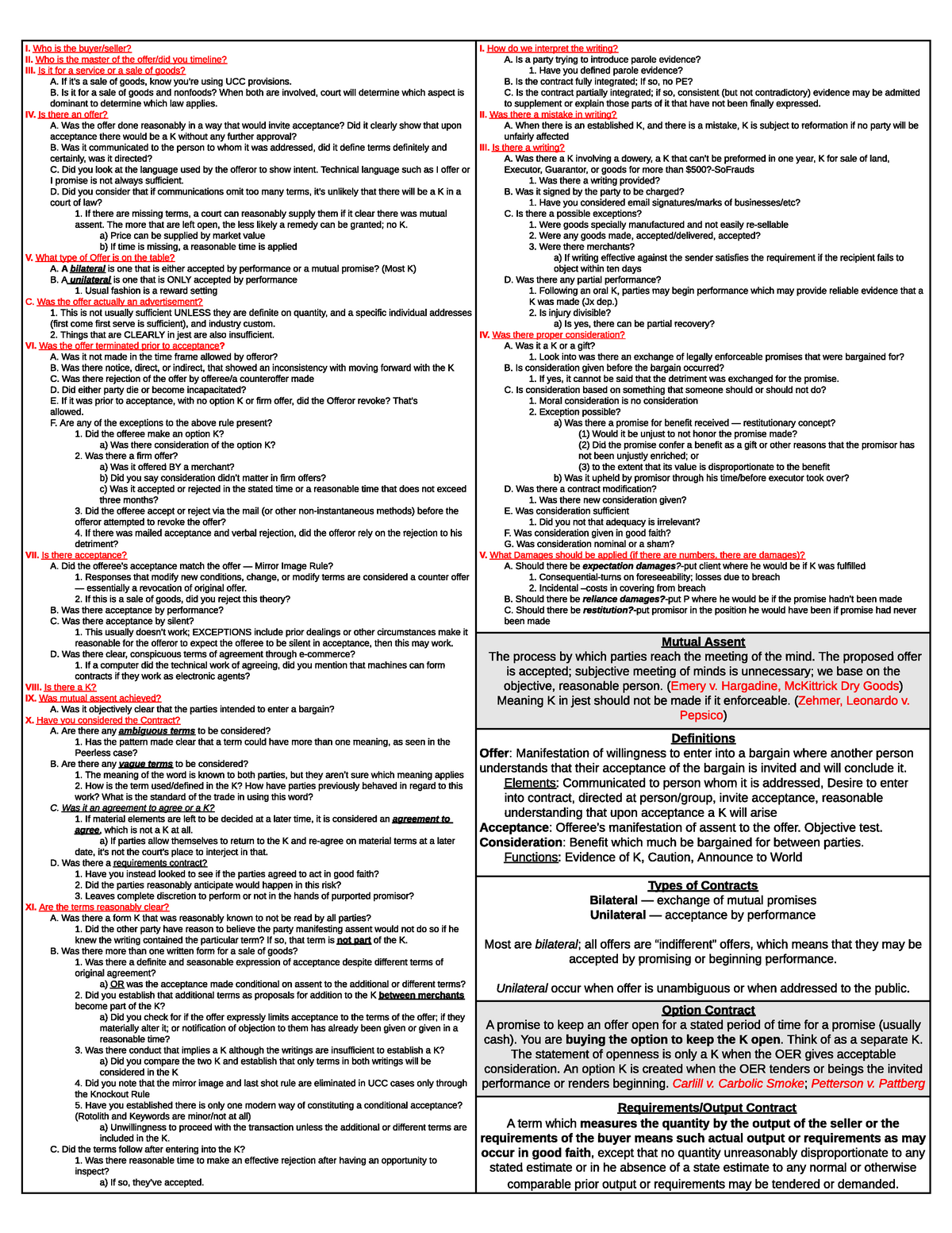 Contracts Cheat Sheet - I. Who Is The Buyer/seller? II. Who Is The ...