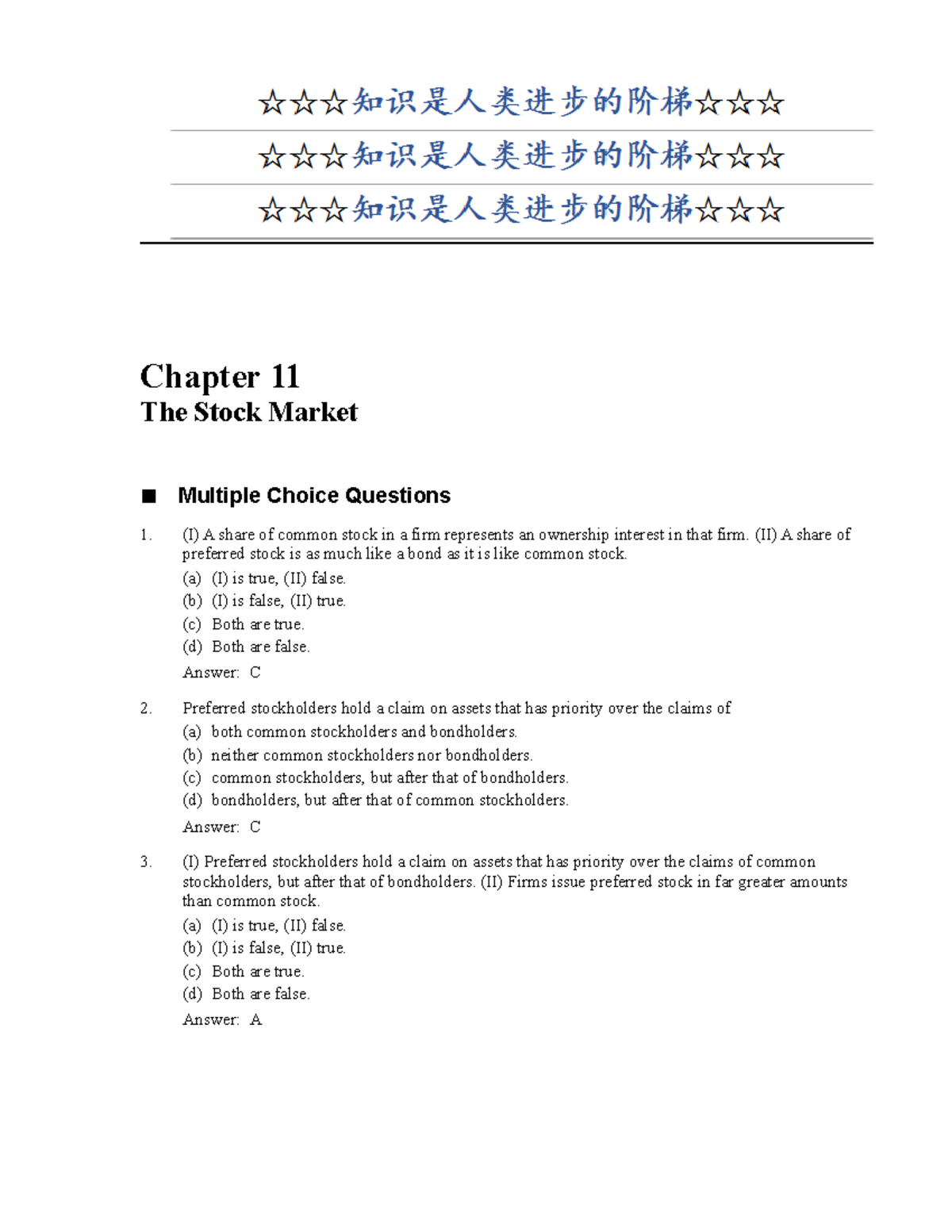 Finical market and fundament situtation {11} - Chapter 11 The Stock Market Multiple Choice - Studocu