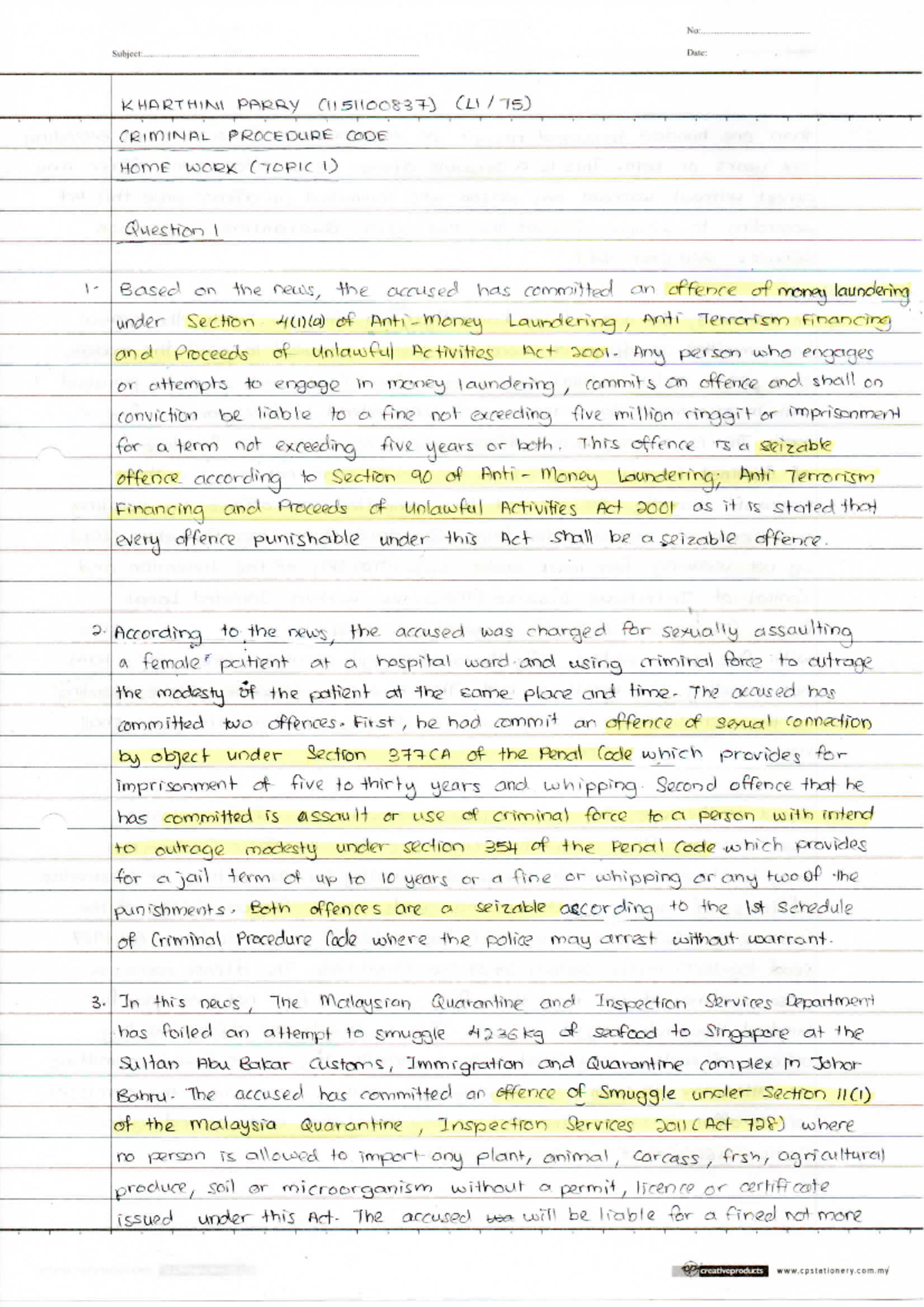 CPC Homework Topic 1 - Criminal Procedure I - MMU - Studocu