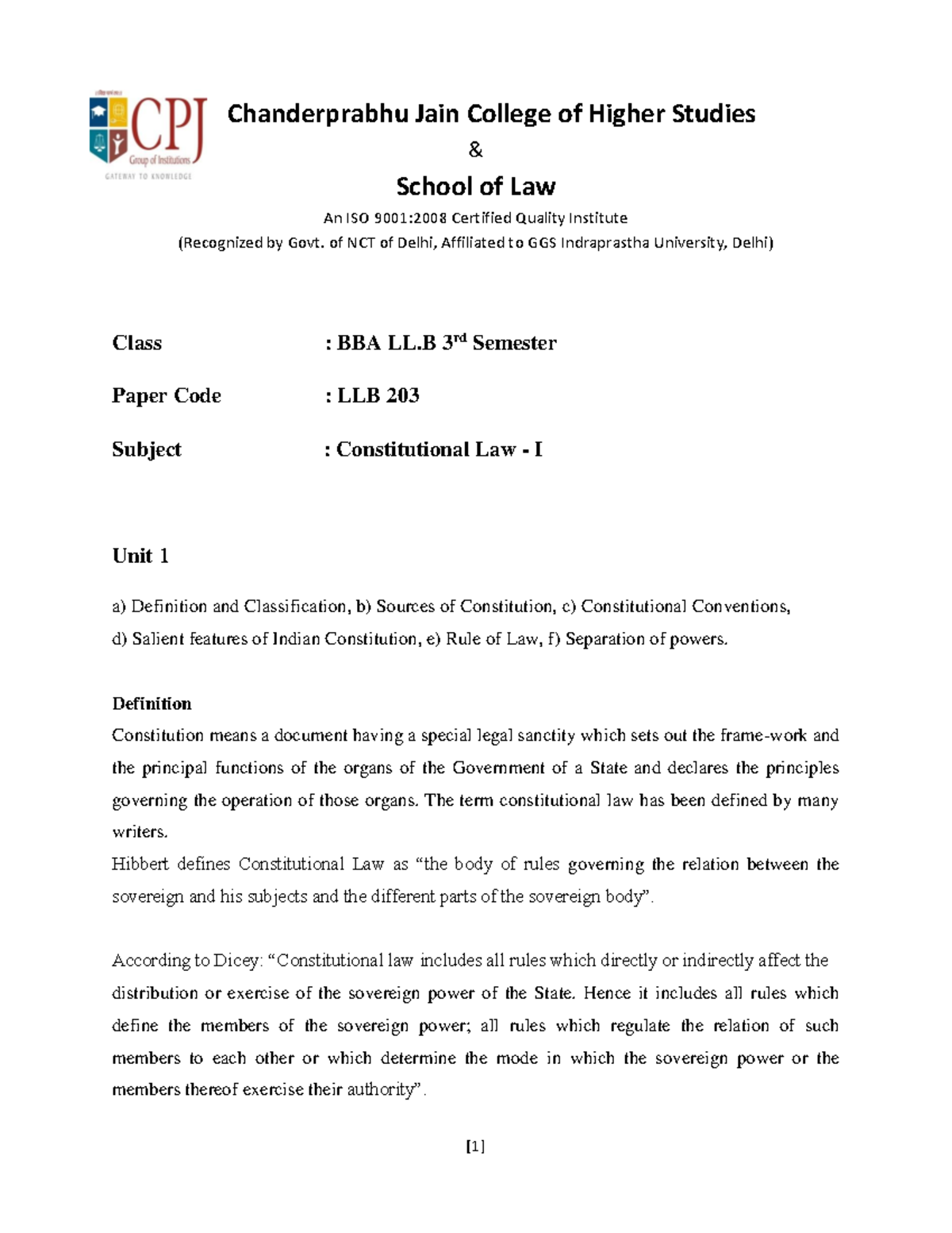 Constitutional Law - Lecture notes 1-10 - & School of Law An ISO 9001: ...