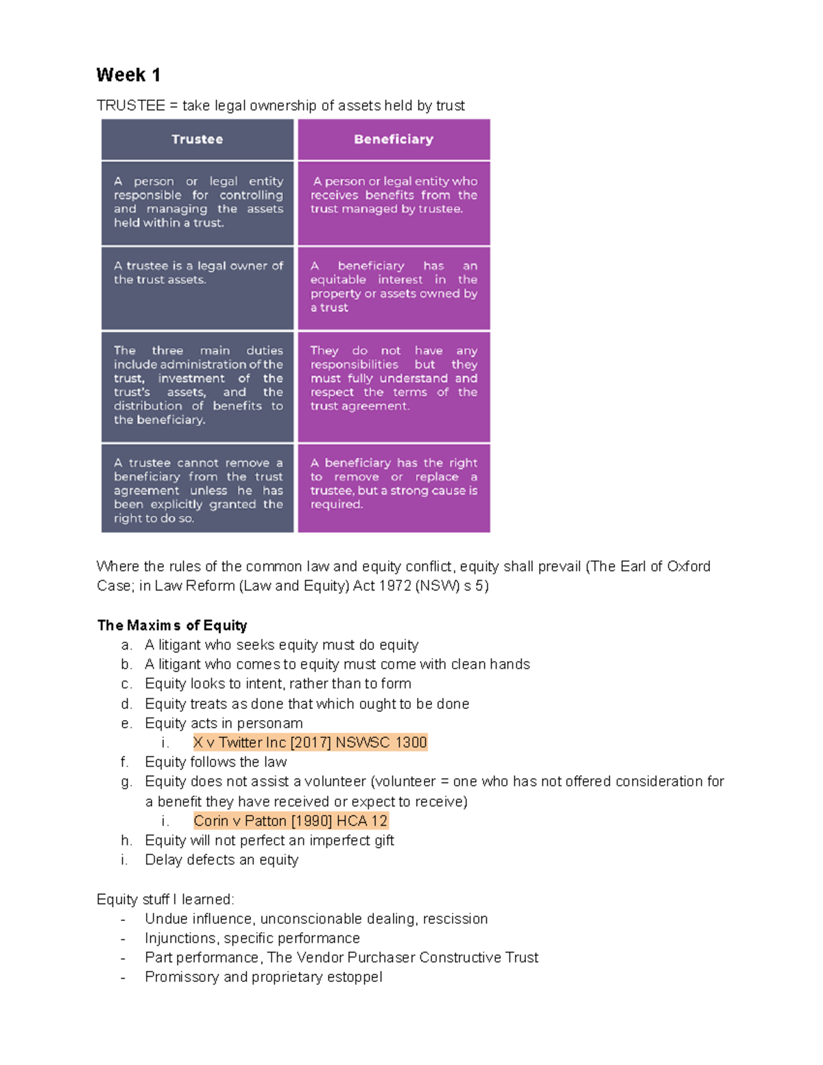 JURD7285 Equity and Trusts - Week 1 TRUSTEE = take legal ownership of ...