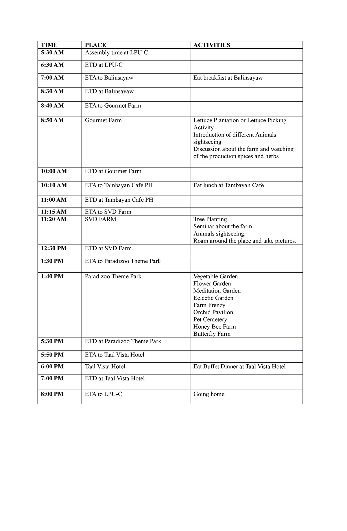 Itinerary ( Cavite - Tagaytay) - TIME PLACE ACTIVITIES 5:30 AM Assembly ...