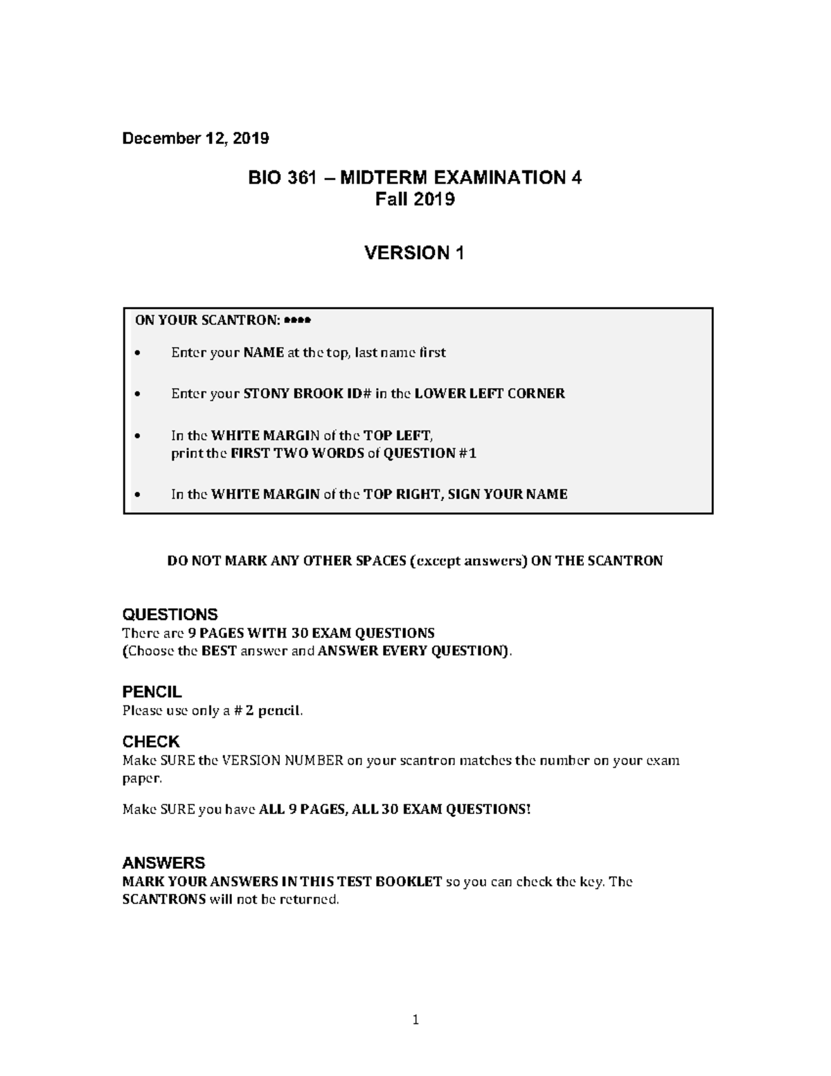 Midterm 4 Practice Questions Fall 2019 - December 12, 2019 BIO 361 ...