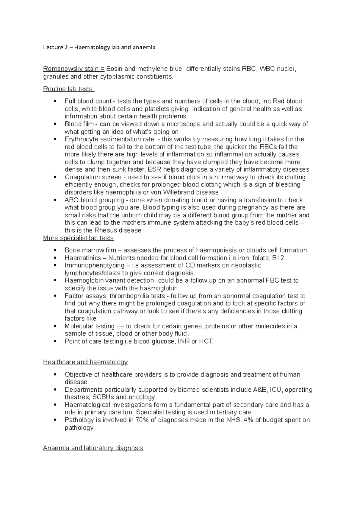 Lecture 2 – Haematology lab and anaemia - Lecture 2 – Haematology lab ...