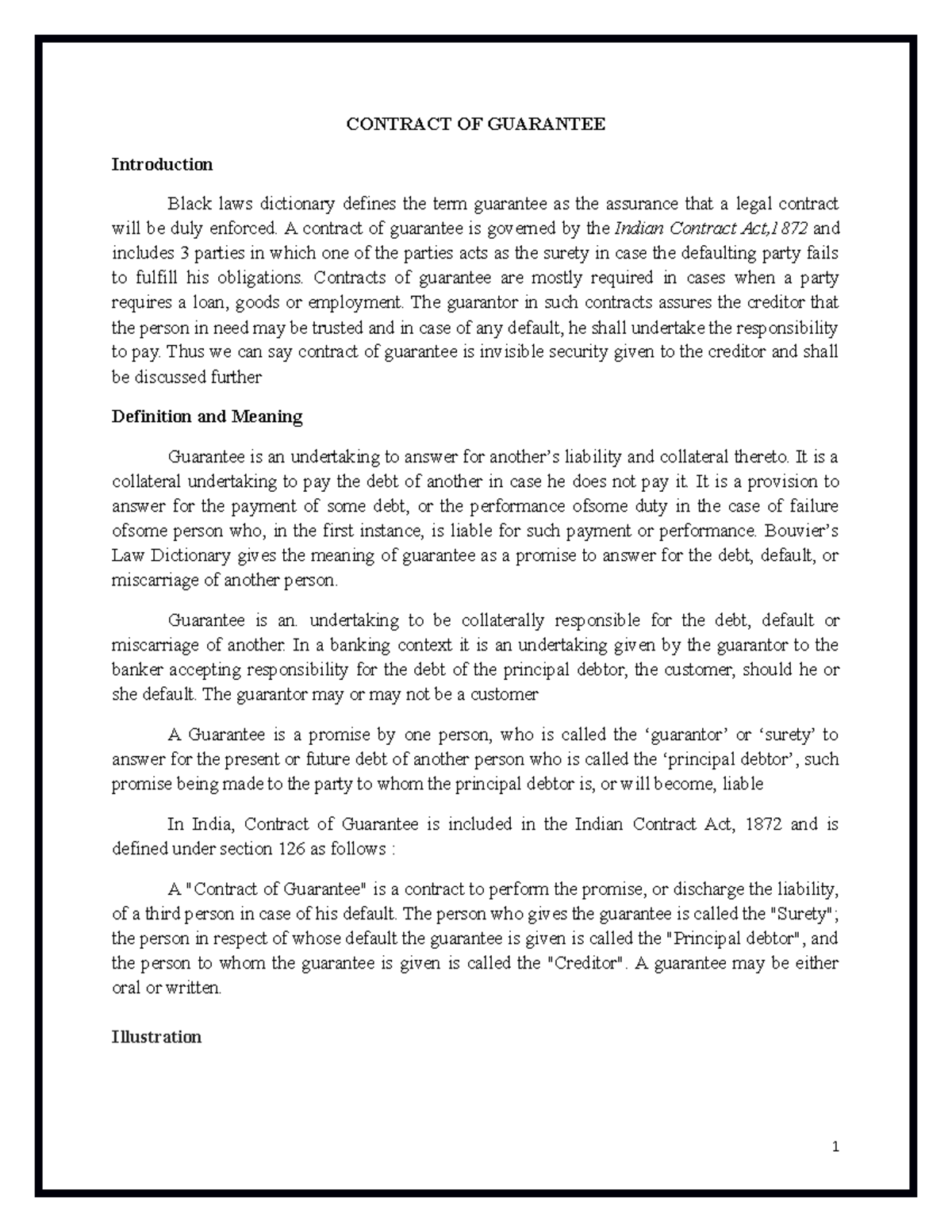 Contract OF Guarantee Lecture notes 1 CONTRACT OF GUARANTEE