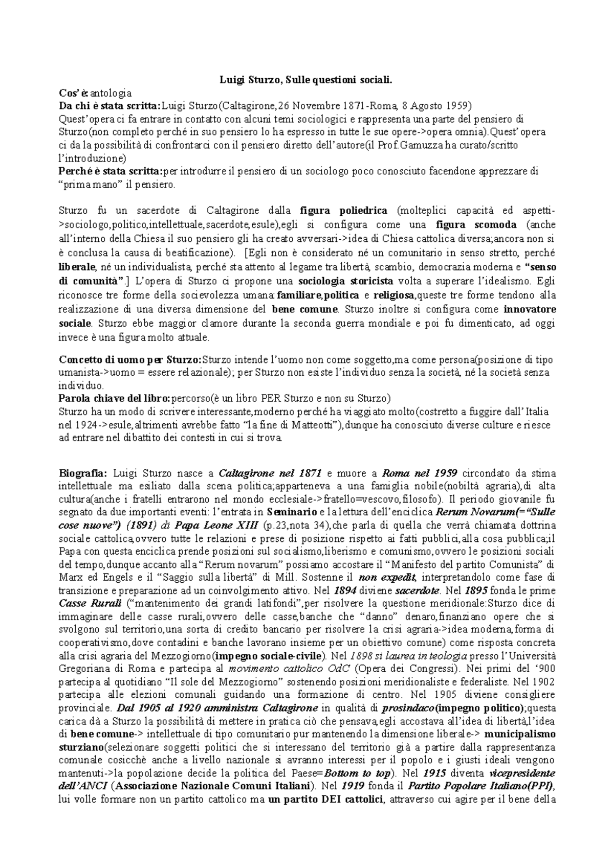 Riassunto Luigi Sturzo Luigi Sturzo, Sulle