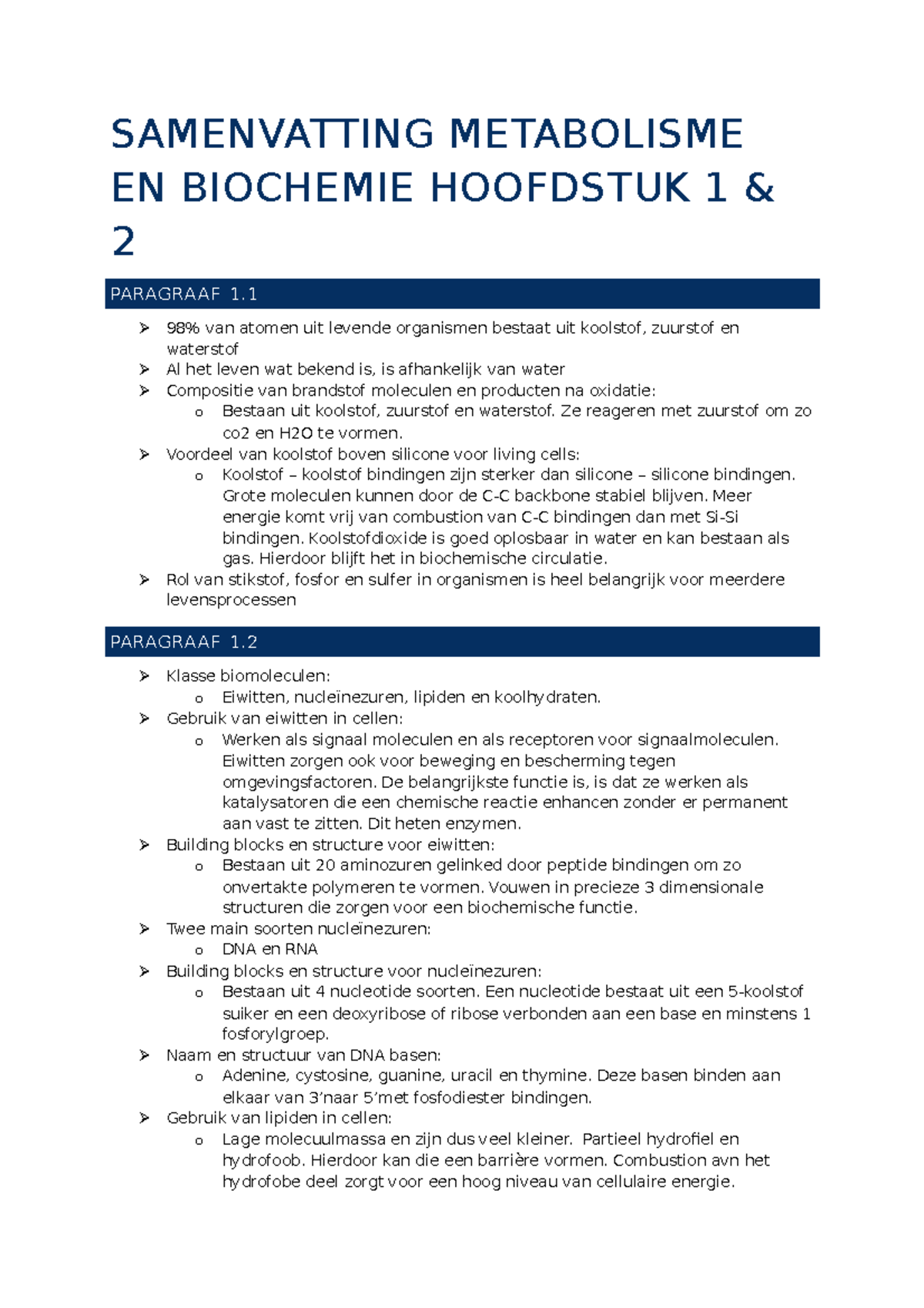 Samenvatting Biochemie H 1 En 2 - SAMENVATTING METABOLISME EN BIOCHEMIE ...