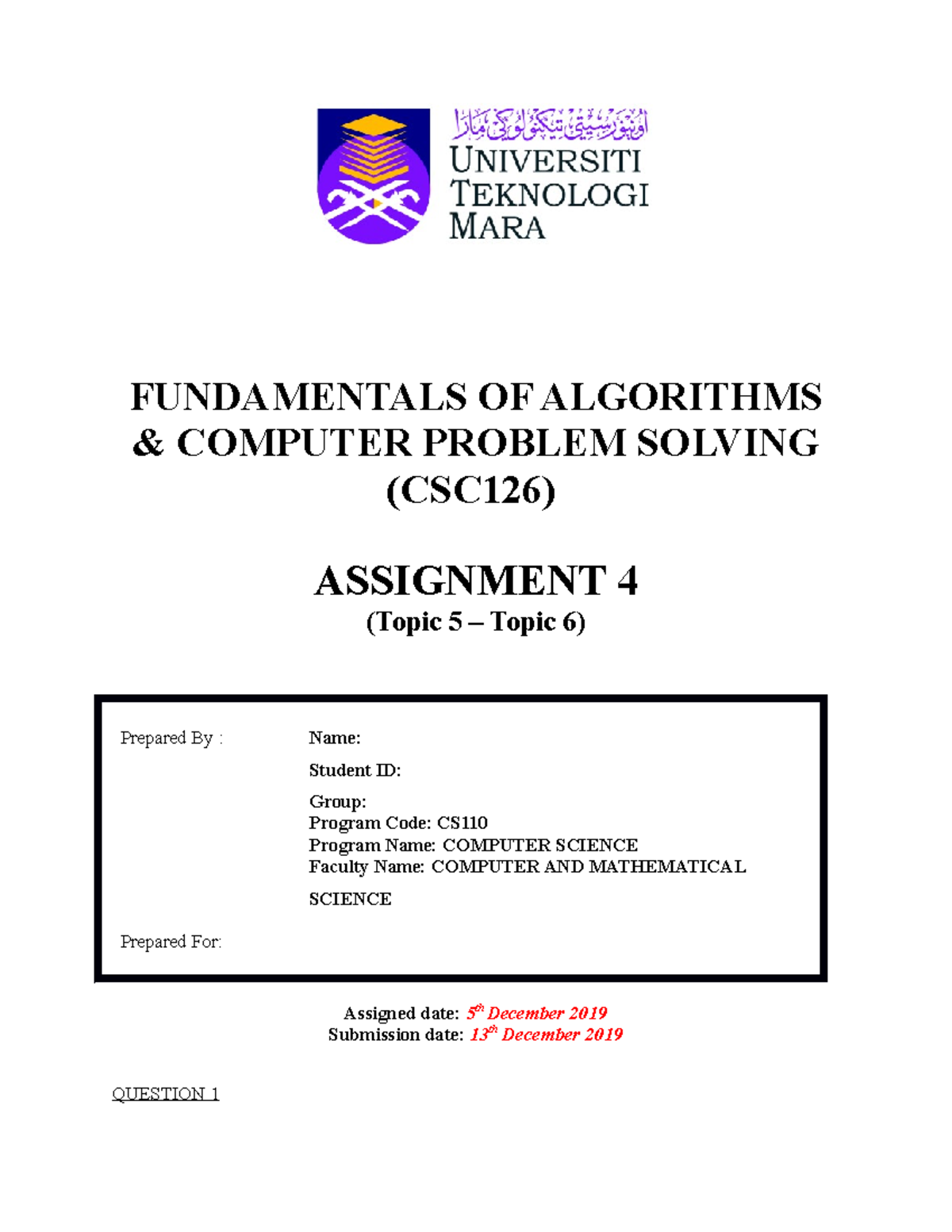 Csc126 Assignment 4 Fundamentals Of Algorithms And Computer Problem Solving Csc126 Assignment