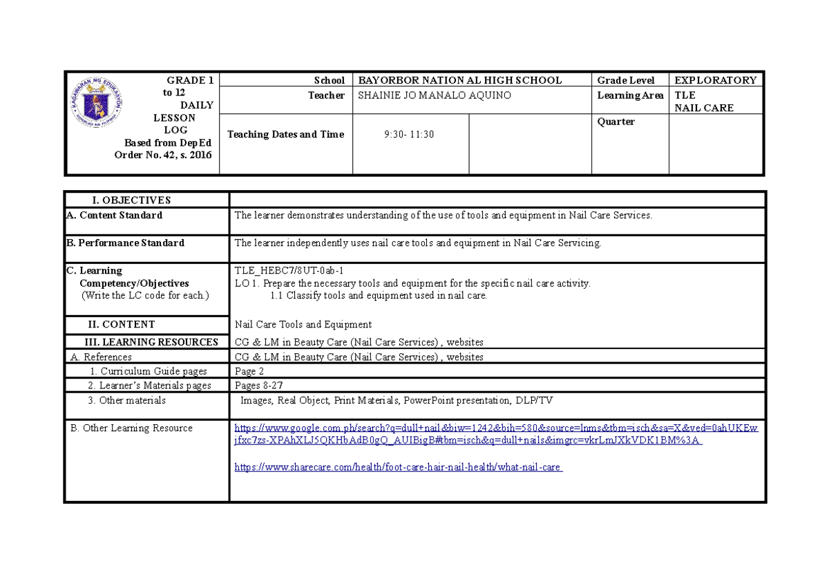 LO1-1 - LO1-1 - GRADE 1 to 12 DAILY LESSON LOG Based from DepEd Order ...