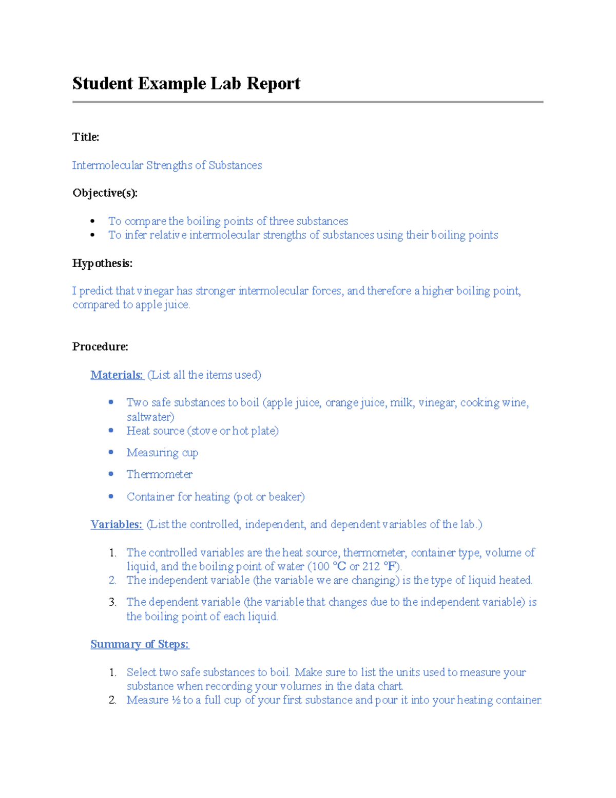Student example lab report Student Example Lab Report Title