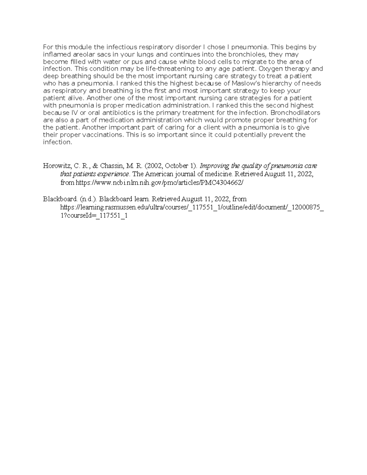 MDC3 Discussion week 6 - For this module the infectious respiratory ...