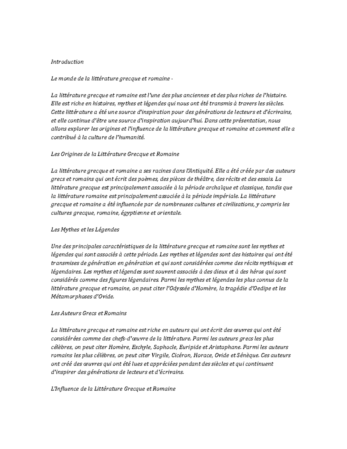 Greek and Roman Literature note study - Introduction Le monde de la ...
