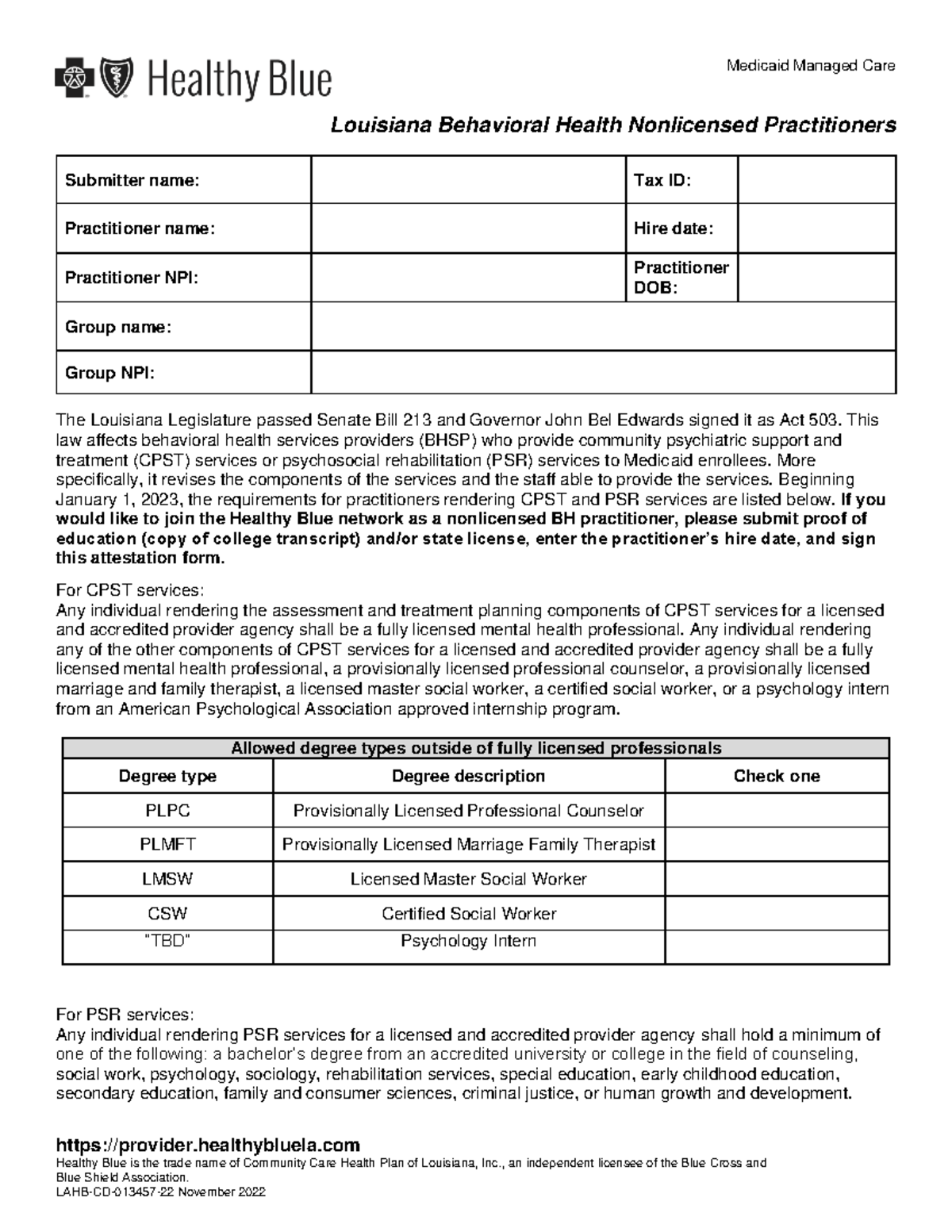 Attestation FORM BH Lacaid - Medicaid Managed Care Louisiana Behavioral ...