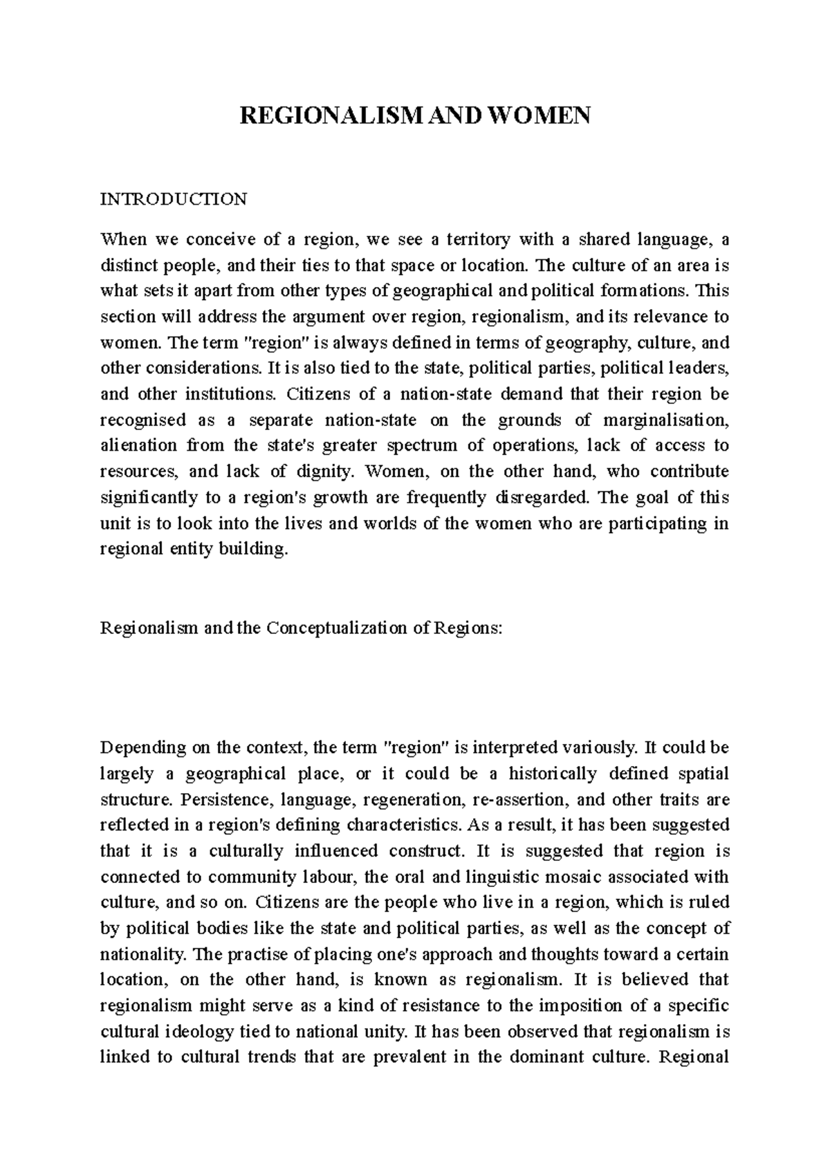 Regionalism AND Women Lecture notes 3 REGIONALISM AND WOMEN