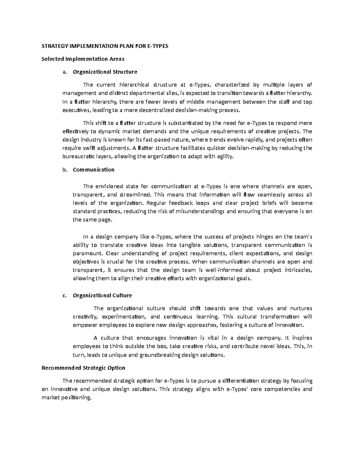 Strategy Implementation PLAN FOR E - Report - STRATEGY IMPLEMENTATION ...