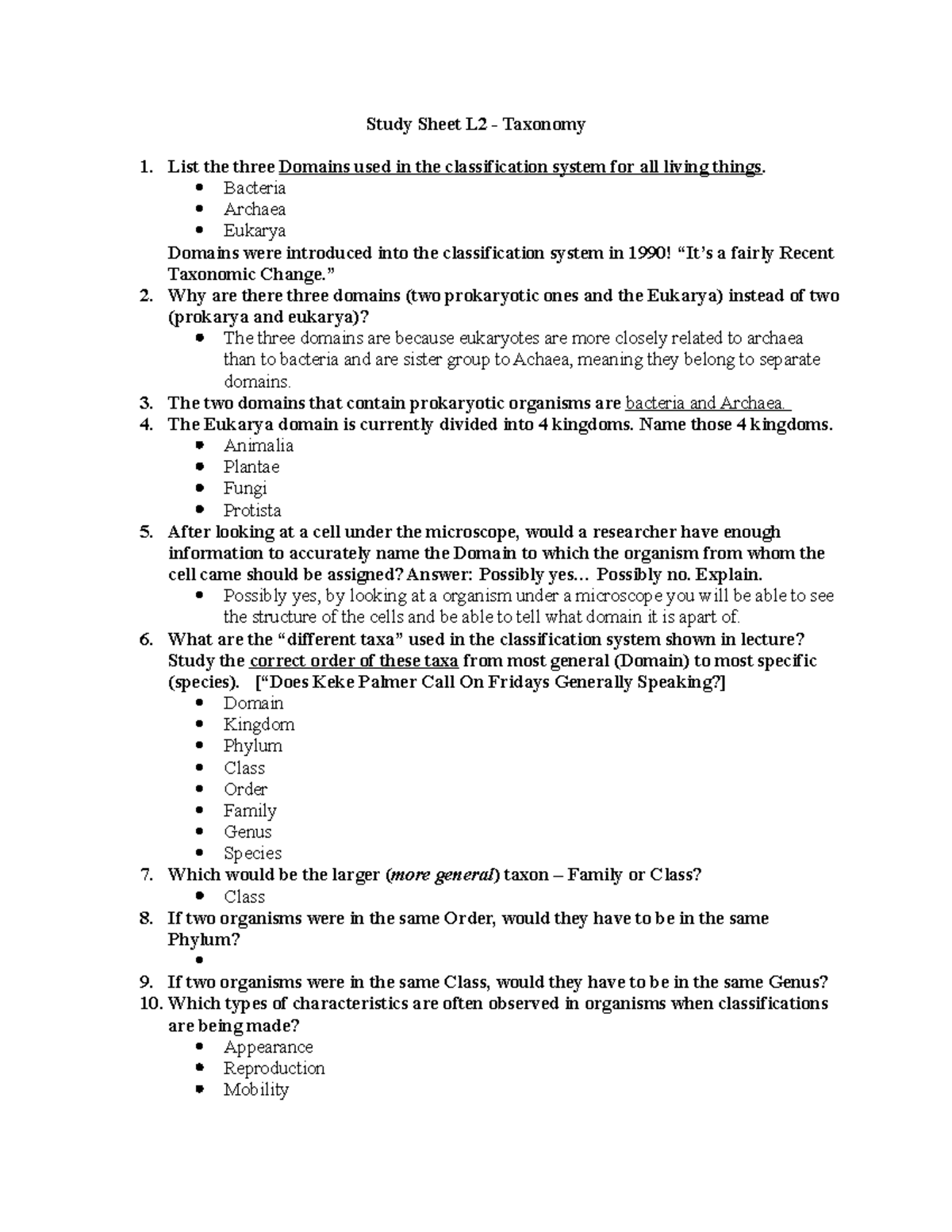 2 Study Sheet Taxonomy - Study Sheet L2 - Taxonomy List the three ...