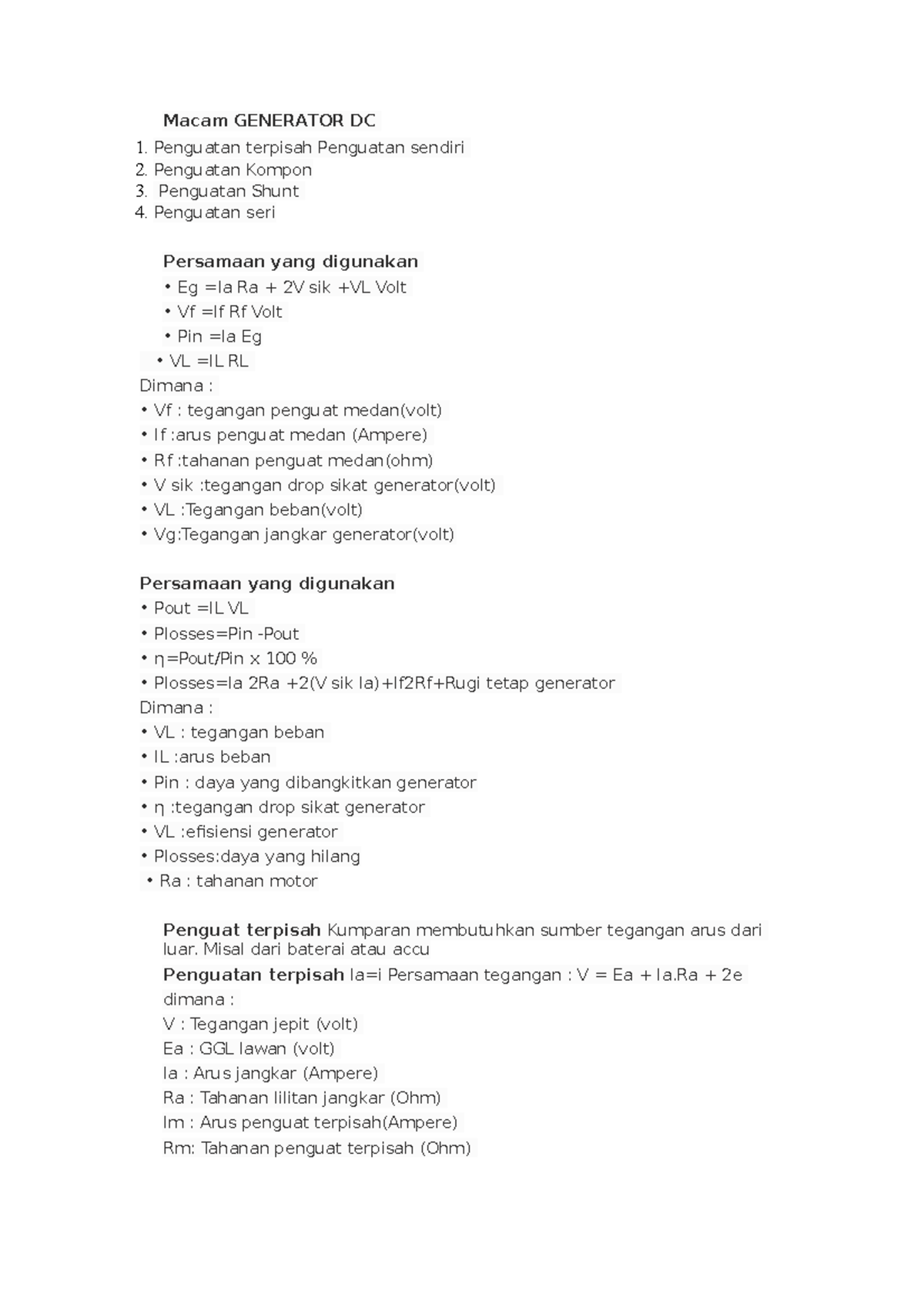 Perhitungan Generator Dc Studocu