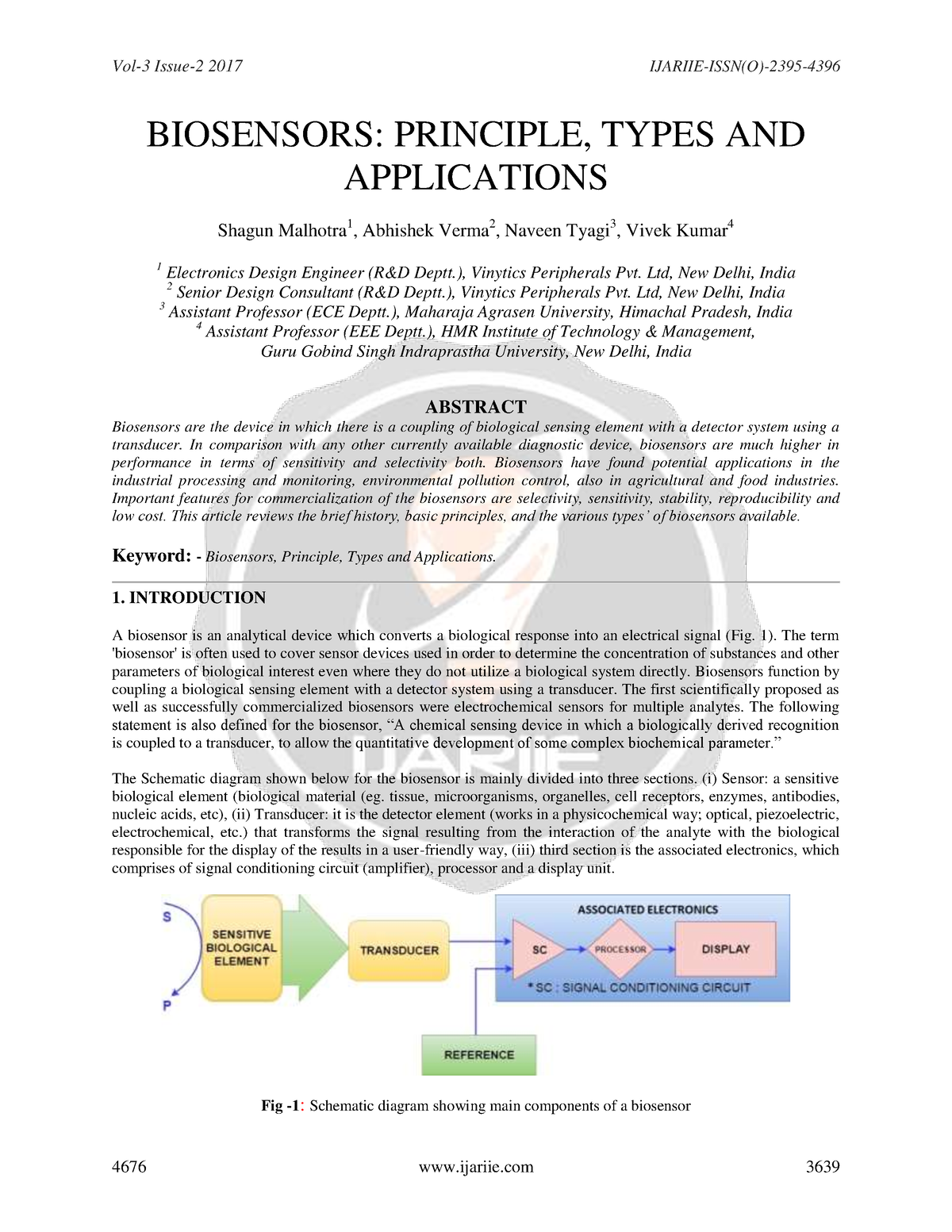 Biosensors Principle Types AND Applications Ijariie 4676 - BIOSENSORS ...