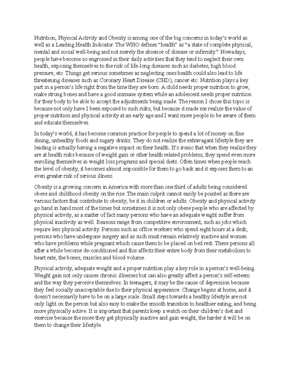 Essay on Women's Health Nutrition, Physical Activity and Obesity is