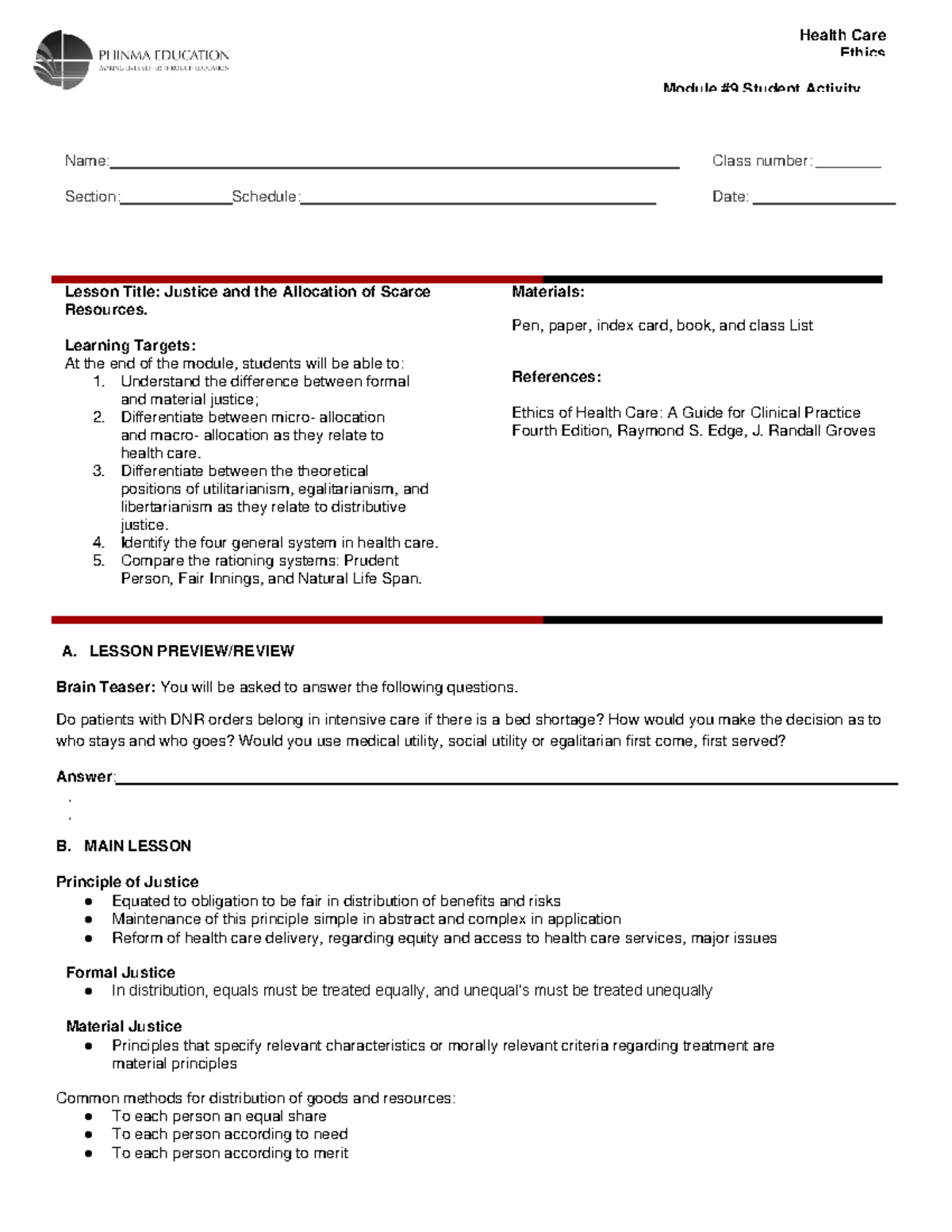 SAS 9 Bioethics - Ethics (Bioethics) Module #9 Student Activity Sheet ...