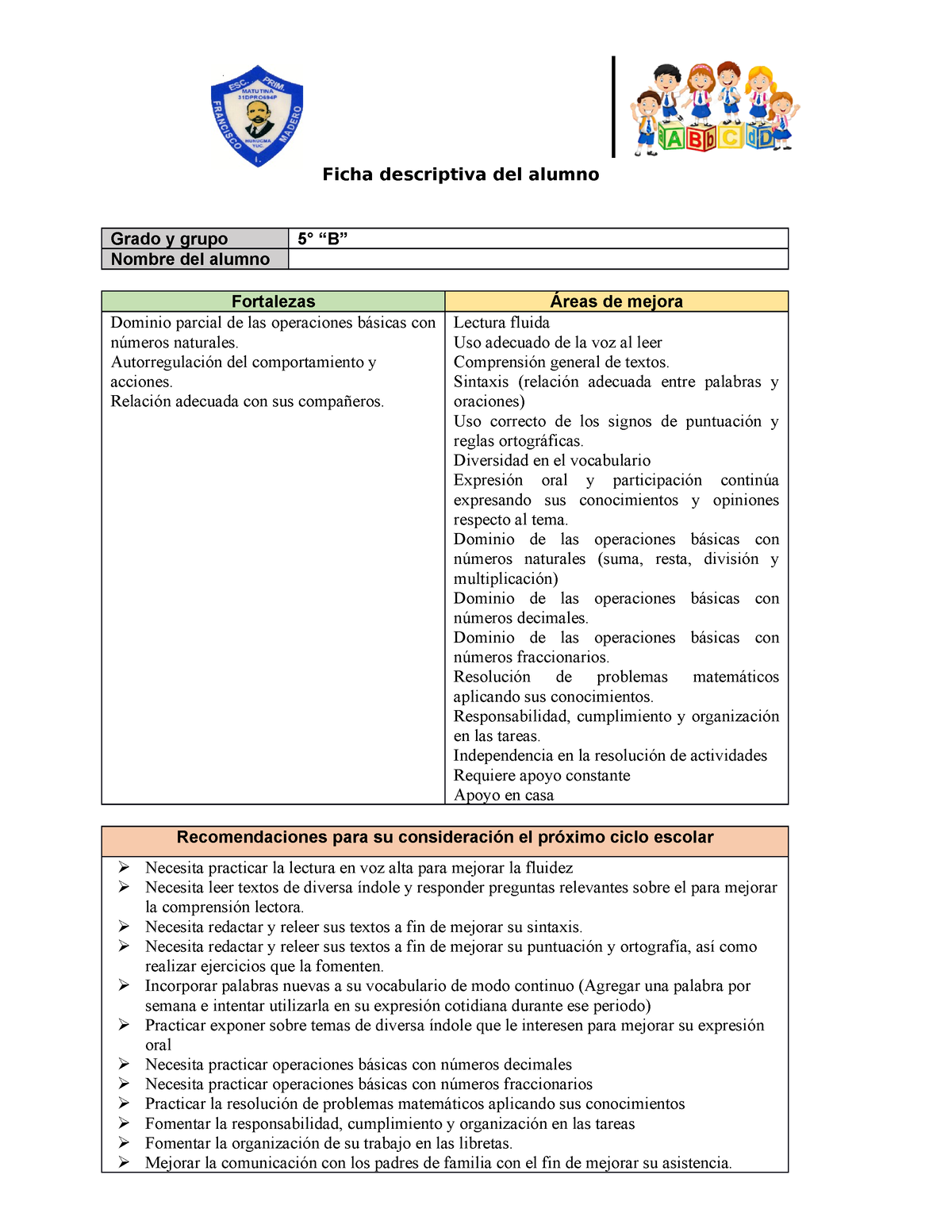 Ficha Descriptiva B Formato Para Describir Las Fortalezas Y Areas De