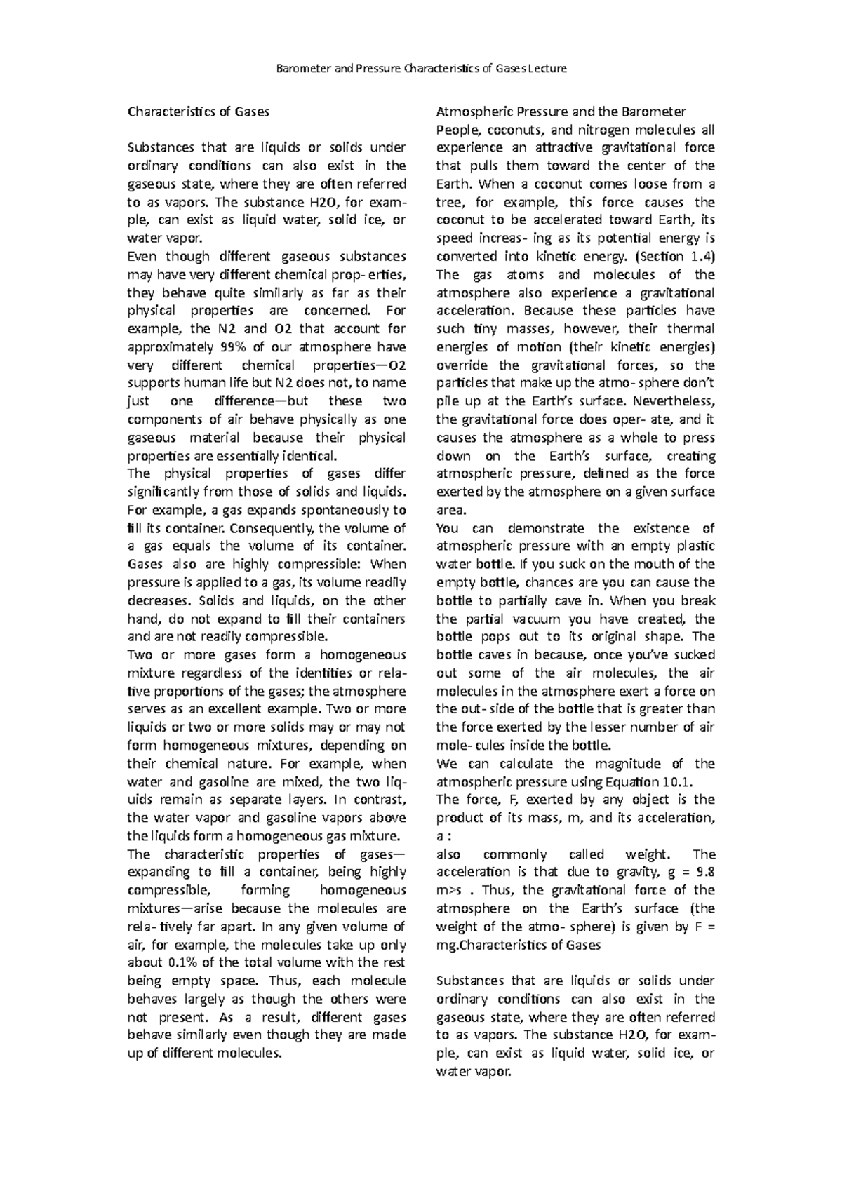 Barometer and Pressure Characteristics of Gases Lecture Barometer and