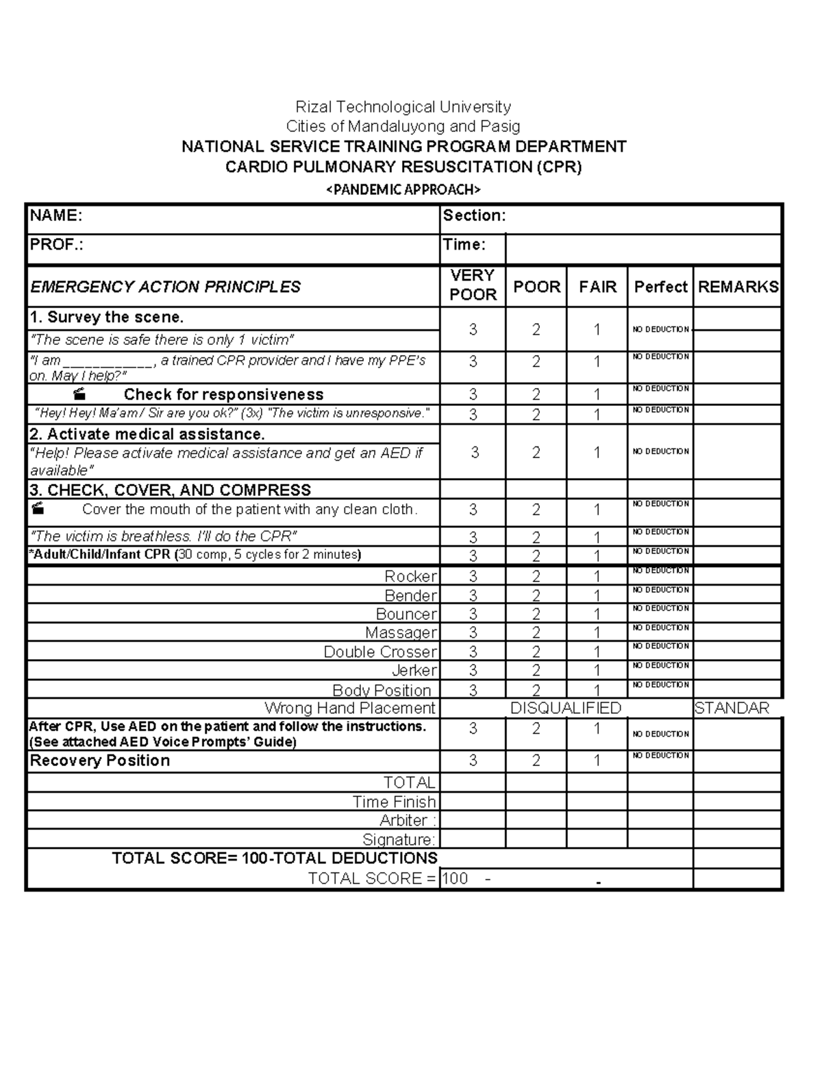CPR Score Card Pandemic Approach - Rizal Technological University ...