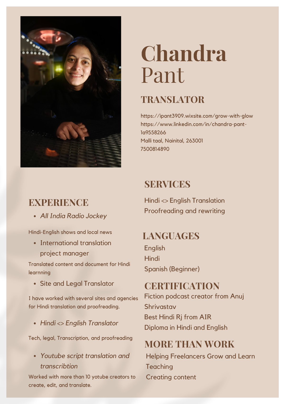 White and Brown Modern Translator Cv Resume - Chandra Pant ipant3909 ...