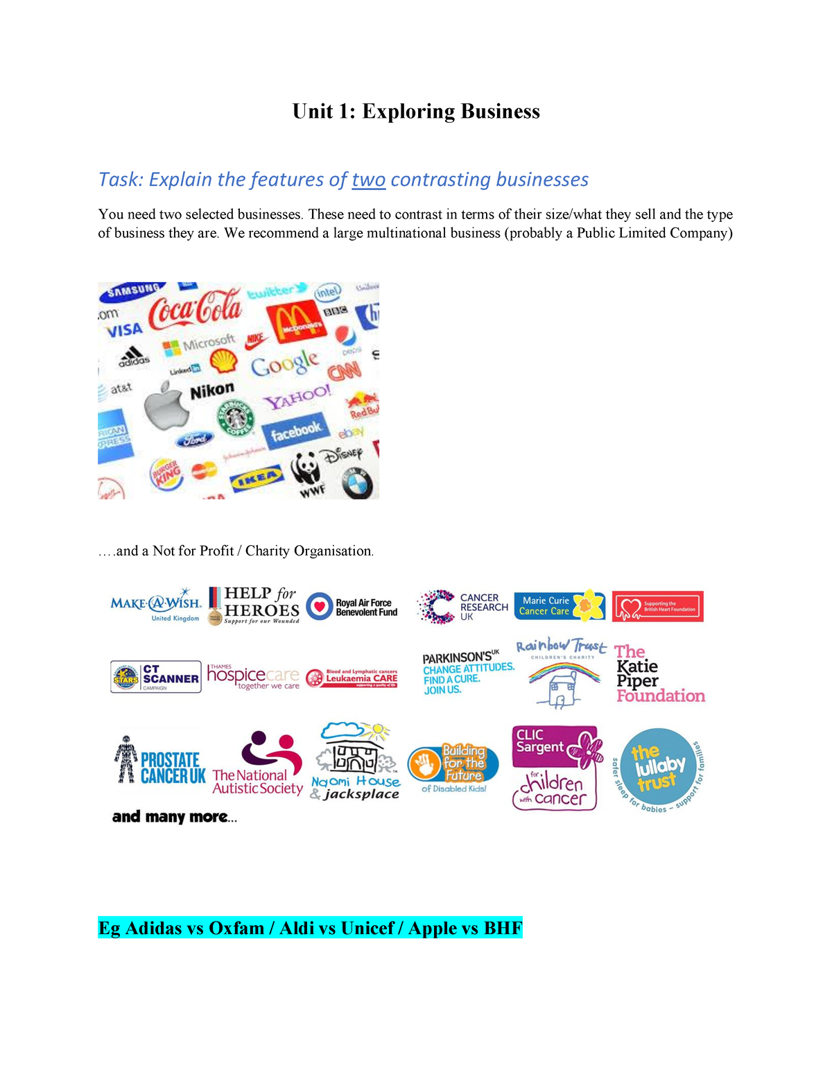 BTEC Business Transition Work - Unit 1: Exploring Business Task ...