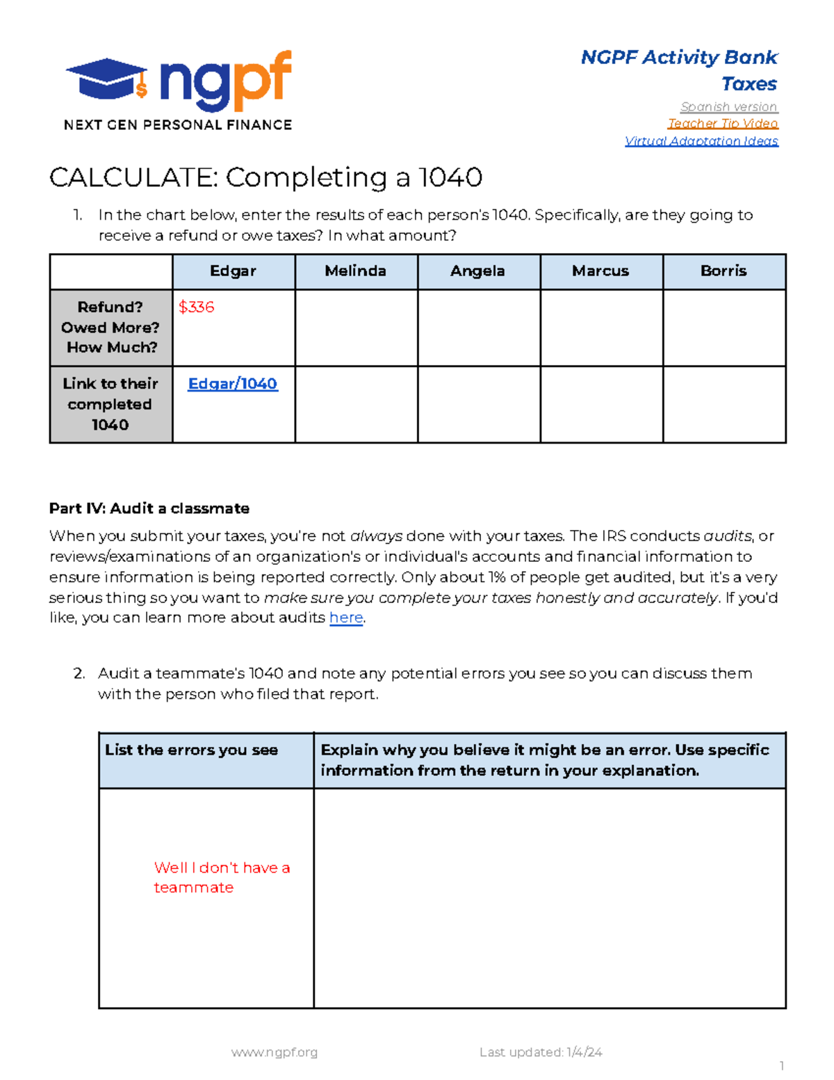 Copy Of Calculate Completing A 1040 NGPF Activity Bank Taxes Spanish