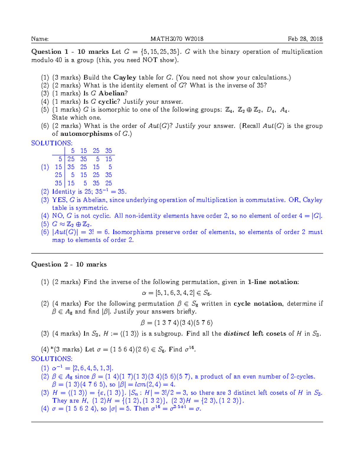 Midterm Questions and Solutions, Winter 2018 - Name: MATH3070 W2018 Feb ...