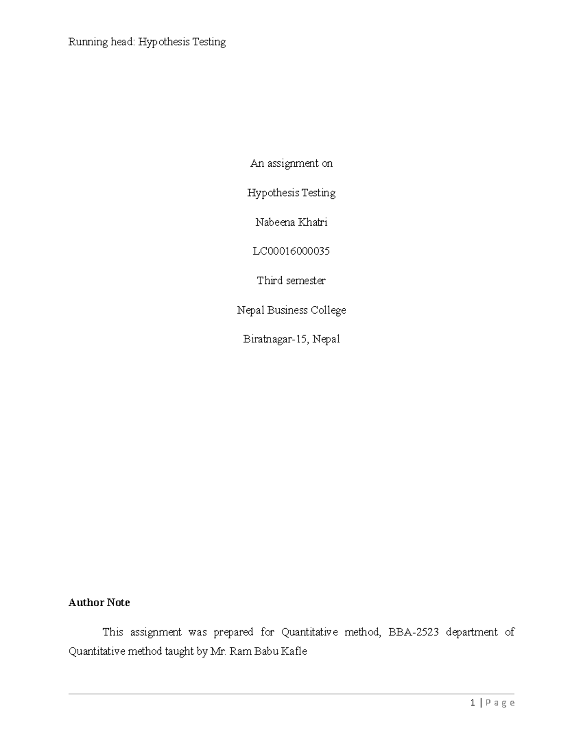 344432240 An Assignment on Hypothesis Testing An assignment on